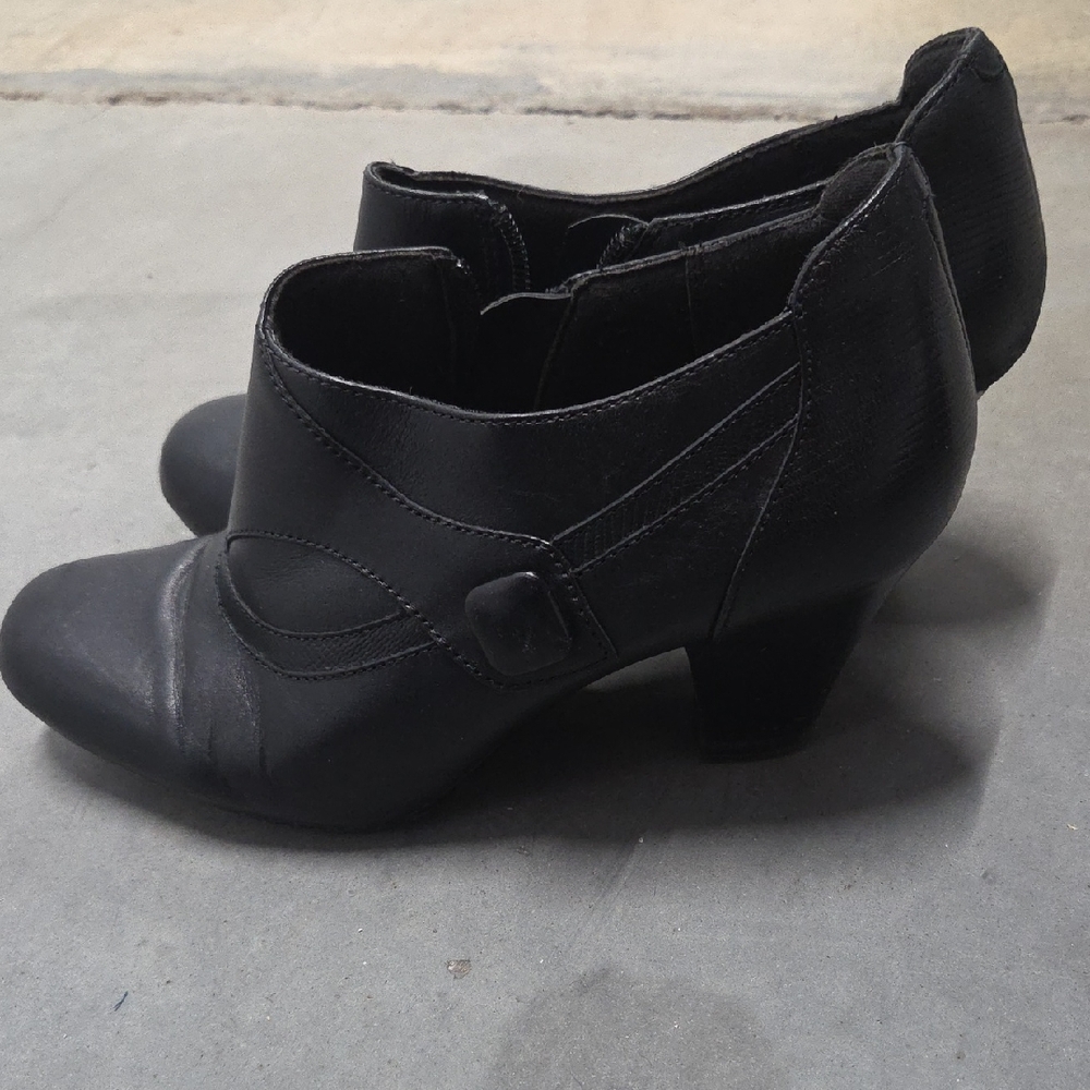 Clarks Black Leather Low Heel Ankle Booties